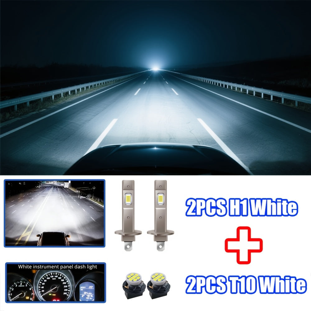 2Pcs H1/H3 + 2Pcs T10 LED Headlight Bulb Upgrade Kit, 20000 Lumens 6500K Color Temperature 500W High/Low Beam, CSP Chip, Fanless Mini Turbo Cooling, Universal with Canbus Decoder, Easy Installation