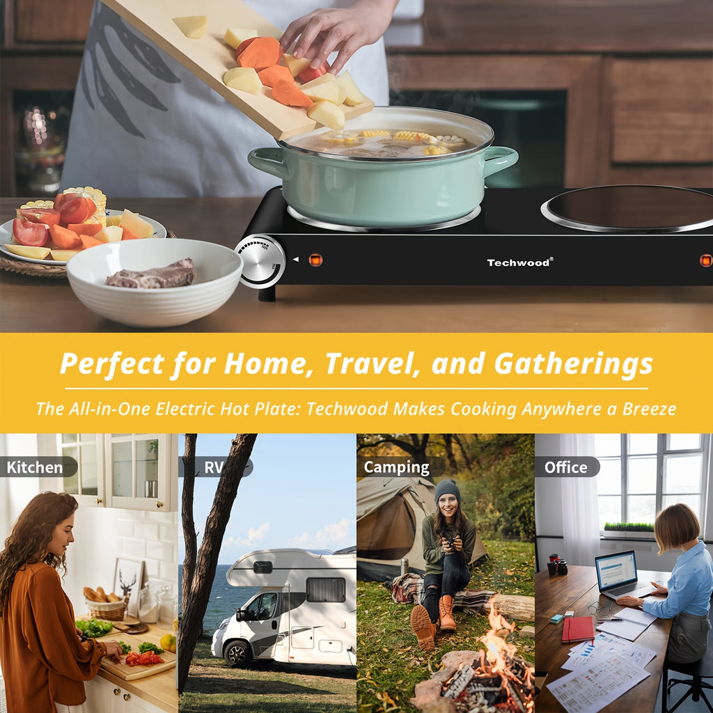 Tech 900W+900W Infrared Electric Hot Plate with Adjustable Temperature Control, Easy-Clean Surface & Power Indicator Light