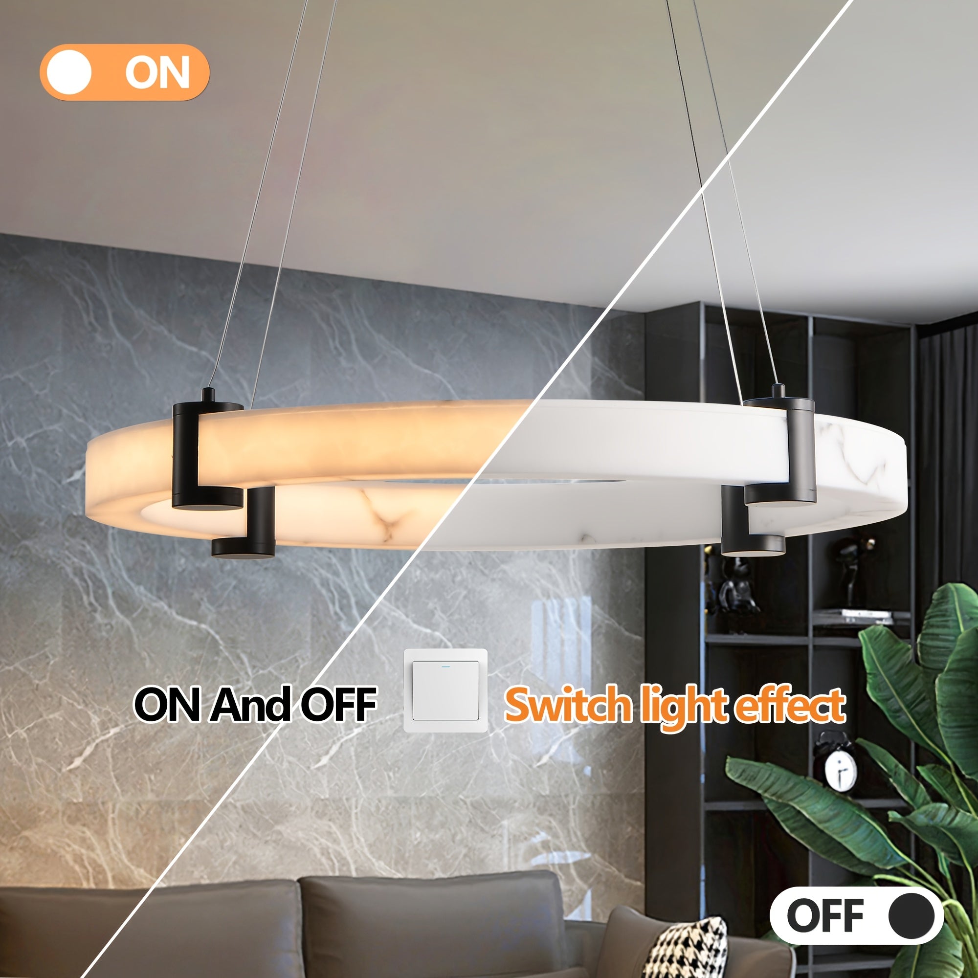 23.6-inch modern LED pendant light, round height-adjustable pendant light, warm light, faux marble finish resin ring ceiling light, suitable for dining room, kitchen island, living room