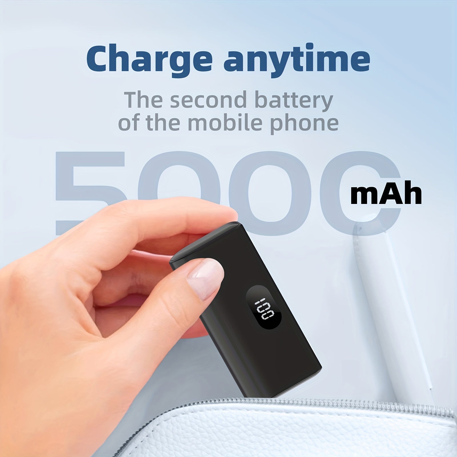 [新款迷你移動電源] 5000mAh超輕便攜充電器，內建USB-C直插式介面，5V2A輸出，LED數字顯示，無需線纜，直接插入充電，適合飛行，相容IOS 17/16 Plus/15 Pro/15 Pro Max/Pad Pro，安卓手機、耳機、揚聲器及其他電子裝置。是通勤者、旅行者、學生的理想選擇