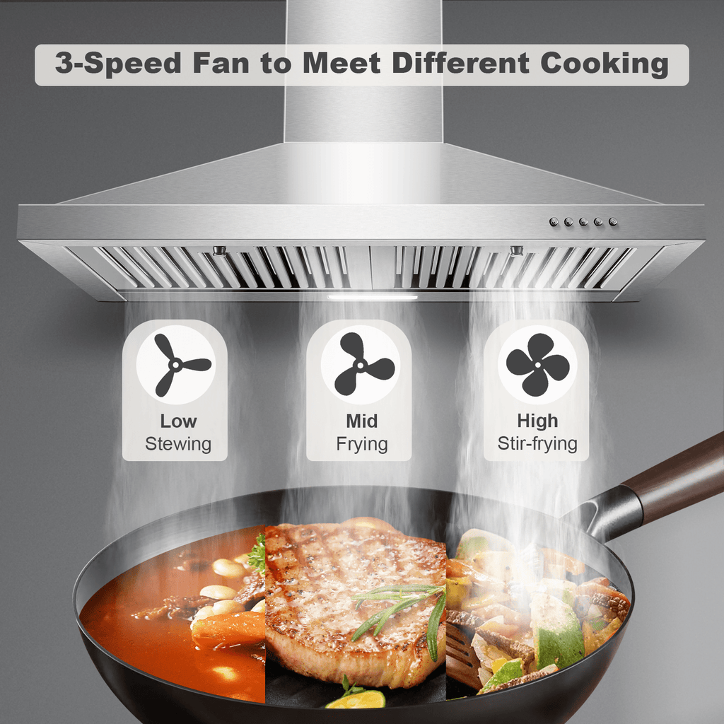 30-Inch Stainless Steel Kitchen Range Hood, 450 CFM, Wall-Mounted Design, with 2 Baffle Filters, 3-Speed Fan, Push-Button Control & LED Lighting/