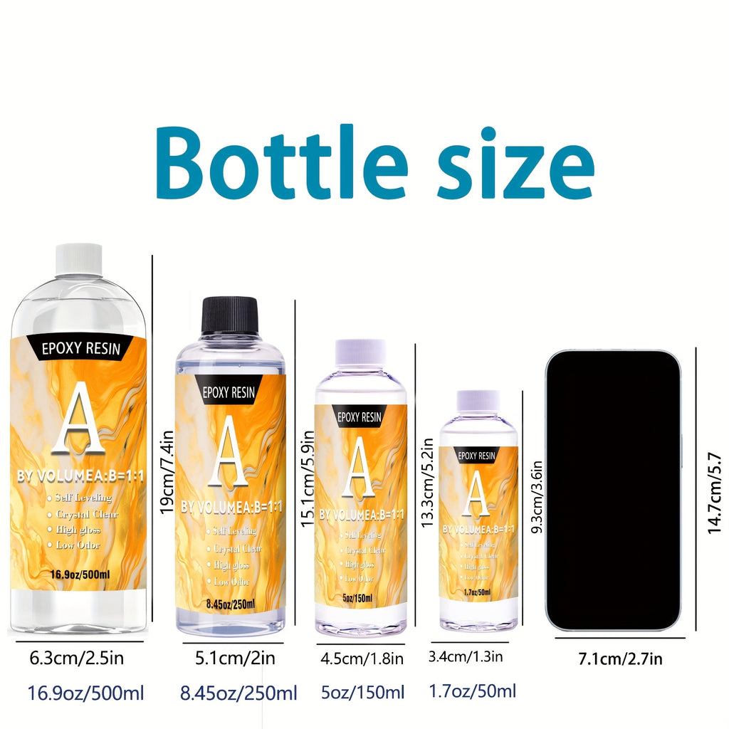 100ml/300ml/500ml/1000ml晶莹剔透的环氧树脂 - 自流平、高光泽、不发黄、无气泡铸造树脂，非常适合工艺品、桌面、DIY 1:1 比例