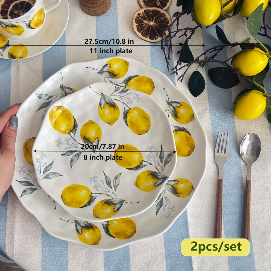 2/4pcs Lemon Pattern Ceramic Dinnerware – Rice Bowl, Cereal Bowl, Salad Plate, Fruit Plate, Steak Plate – Perfect for Restaurant, Hotel, Parties, Harvest Festival – Microwave Safe
