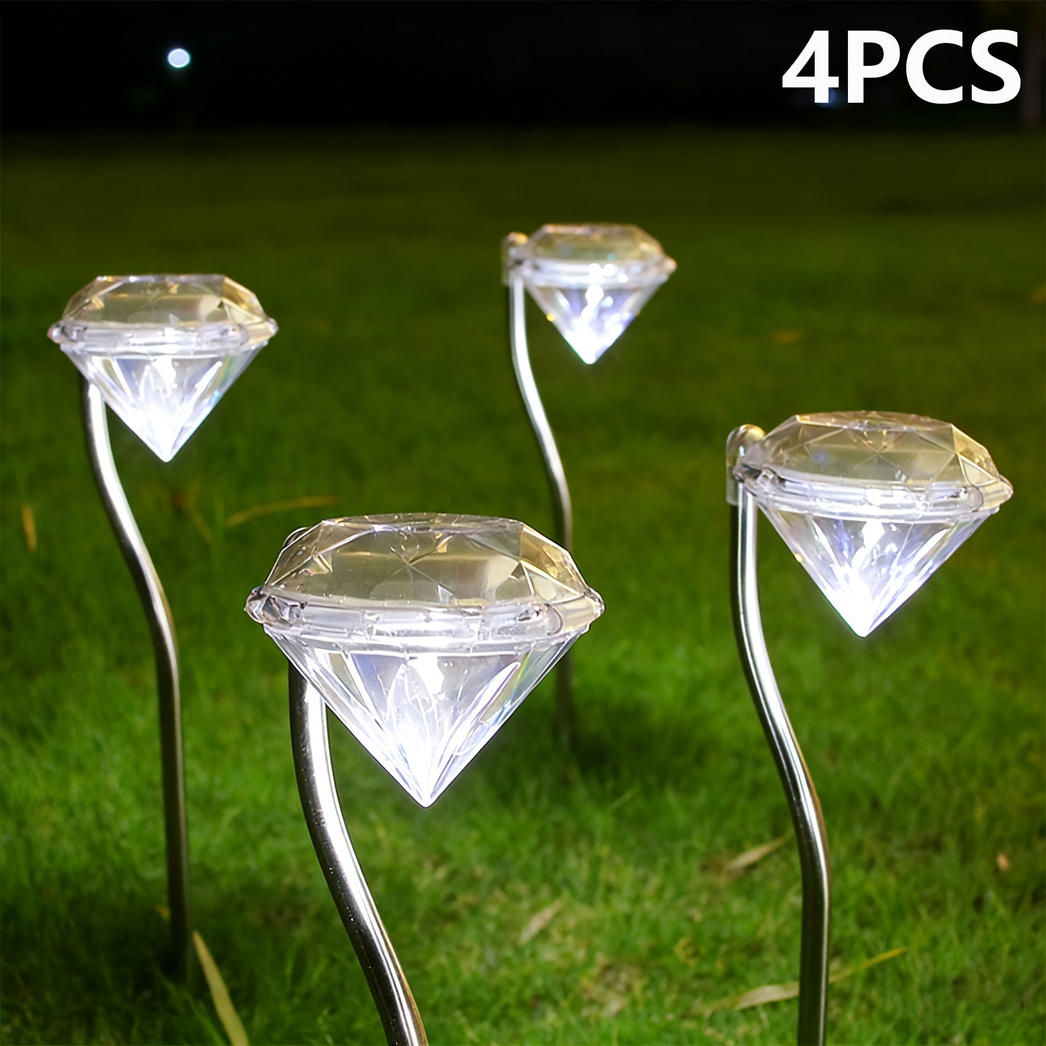 4 Pack Solar Diamond Shape Light Set, Designed for Outdoor Use with Rainproof Function. These LED Lawn Lights Feature Simple Semi-Flush Mount Installation with Stainless Steel Tube.