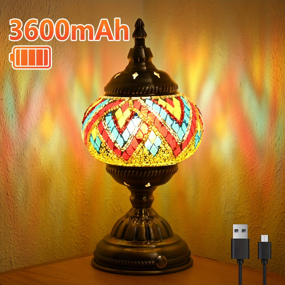 Turkish-Moroccan mosaic rechargeable night light, portable cordless table lamp, 3600mAh rechargeable battery, bohemian stained glass, handmade decorative light for bedroom, dining room, living room, office, holiday gift