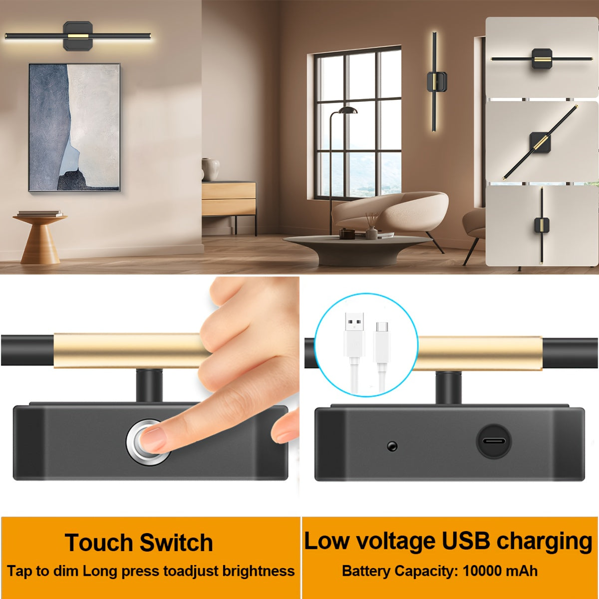 2 Sets Rechargeable Wall Light, Wireless Dimmable Wall Lamp with Remote Control, 360° Rotatable, Timer Function, 3000K - 6500K Adjustable LED, 28.3-Inch 10000mAh Wall Light, Suitable for Bedroom, Hallway, Living Room, Holiday Gift