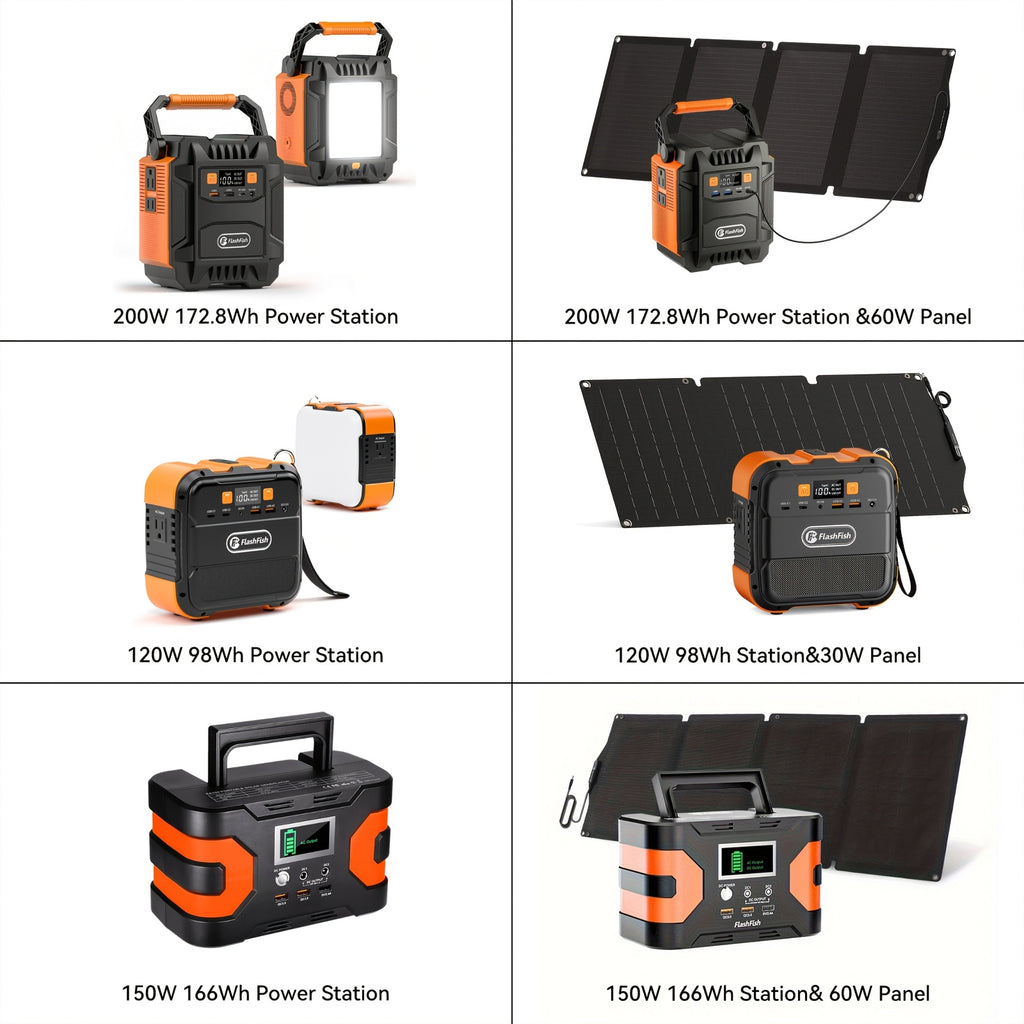 可攜式電源站 120W/150W/200W 峰值 露營太陽能發電機 98/166/172.8Wh 電源供電器，含 30/60W 太陽能板，具備 110V AC 插座和多重輸出 LED 手電筒，適用於 CPAP 家用露營 颶風 緊急情況 聖誕禮物