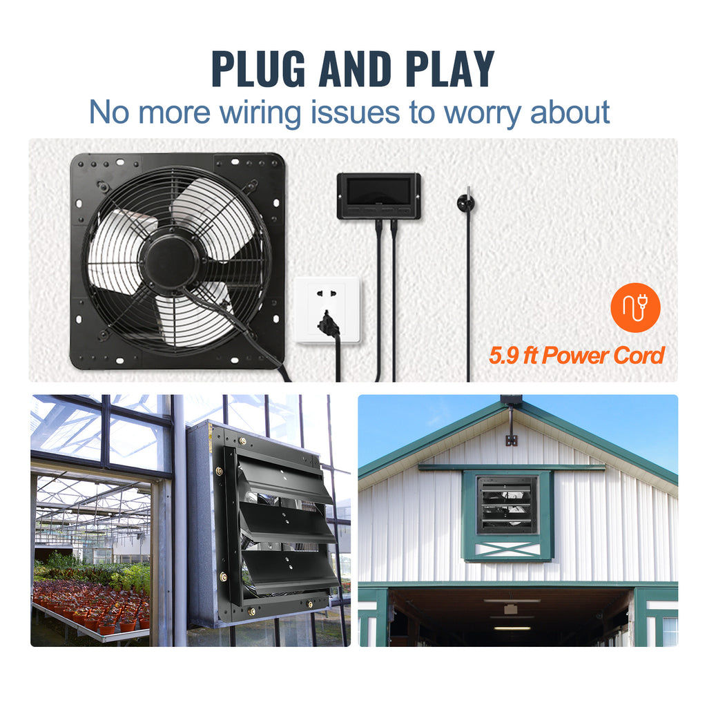 VEVOR Shutter Exhaust Fan, 12''/14''/16'' with Temperature and Humidity Controller, EC Motor, 940 CFM/1513 CFM/1747 CFM, 10-Speed Wall Mount Attic Fan for Greenhouse, Garage, Shed Ventilation and Cooling