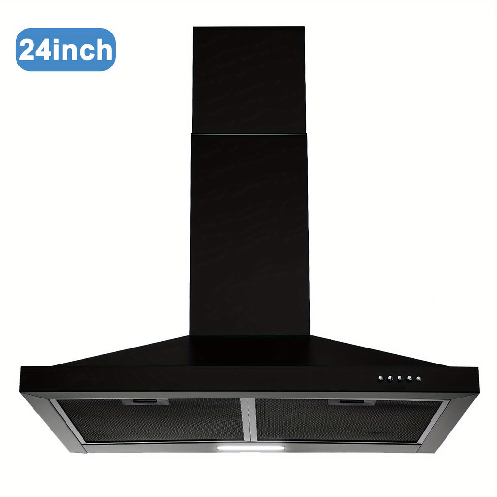Wall-Mounted Range Hood – 24 Inches, Stainless Steel Stove Vent, Aluminum Filter, 3-Speed Exhaust Fan, LED Light, Push-Button Control, Black Finish