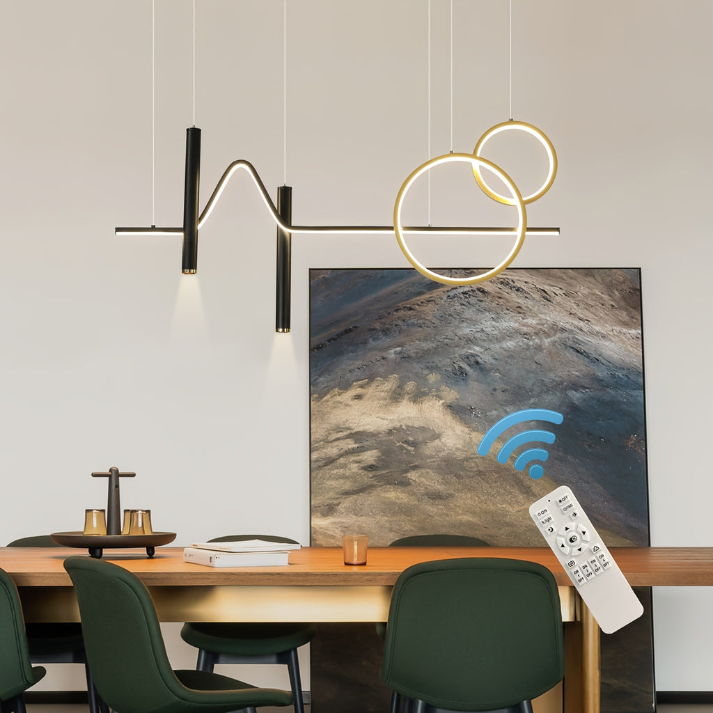 Enkerr modern gold dimmable LED pendant light, with remote control, adjustable color temperature (warm light/cool light), linear wave shape, compatible with spotlights (wall switch control), suitable for island, dining room, living room
