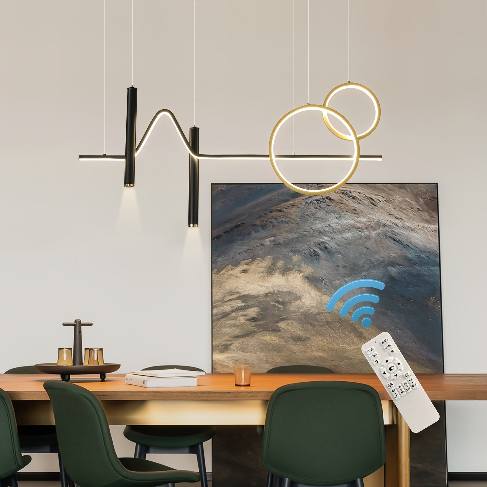 Enkerr modern gold dimmable LED pendant light, with remote control, adjustable color temperature (warm light/cool light), linear wave shape, compatible with spotlights (wall switch control), suitable for island, dining room, living room
