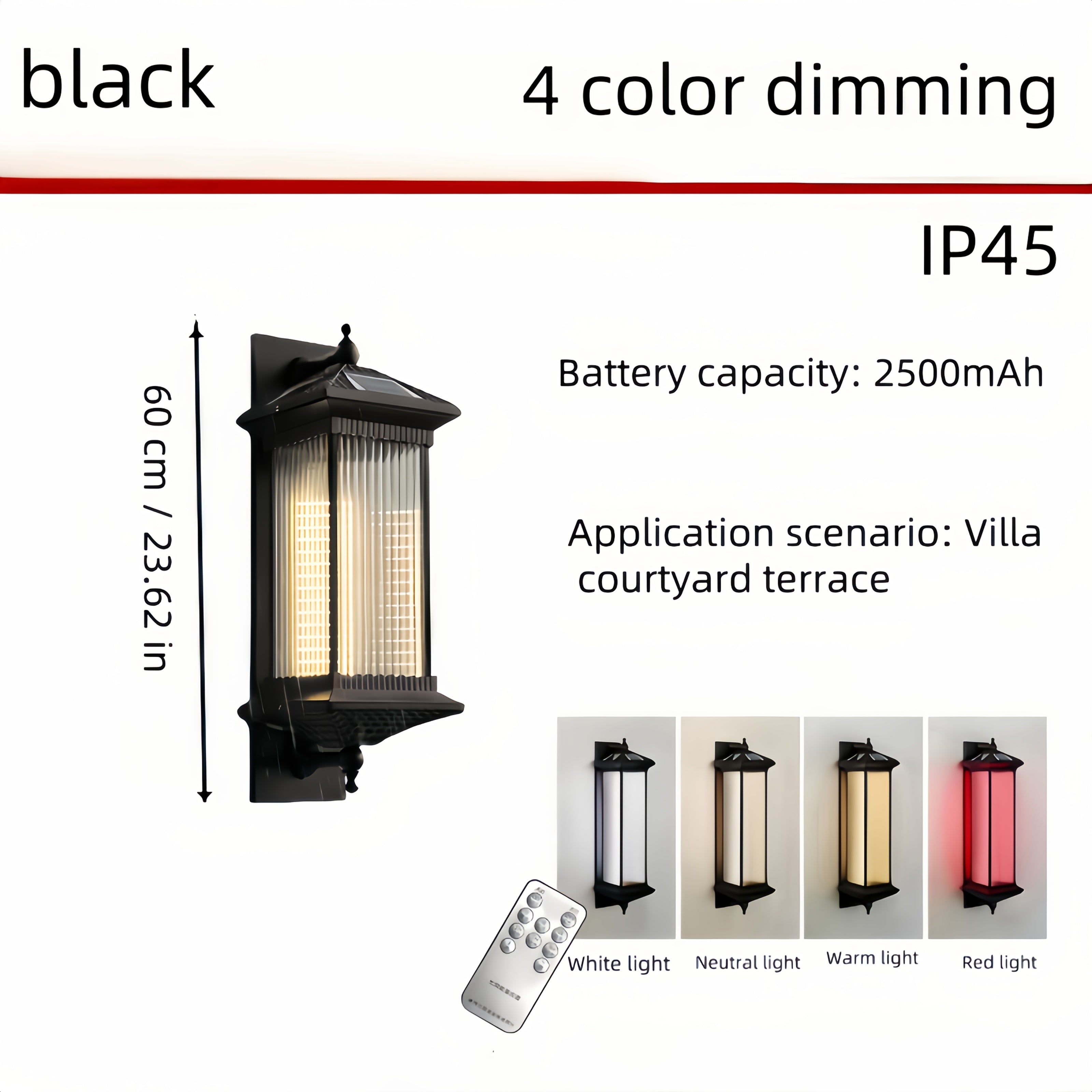 LED Outdoor Solar Wall Light Villa Courtyard Exterior Wall Gate Post Street Light IP45 Aluminum Body Four-Color Dimmable Wall Light (White/Warm Light/Neutral Light/Red Light)
