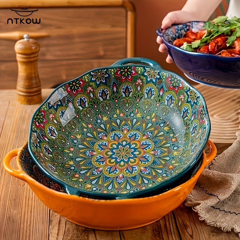 NTKOW 1 Piece Bohemian Style Large Soup Bowl / Soup Pot! Extra-Large Size with Double Ear Handles, Microwave Safe. Ideal for Family Soups or Gatherings. Suitable for Sea Shipping – Sturdy Design Ensures Transport Safety
