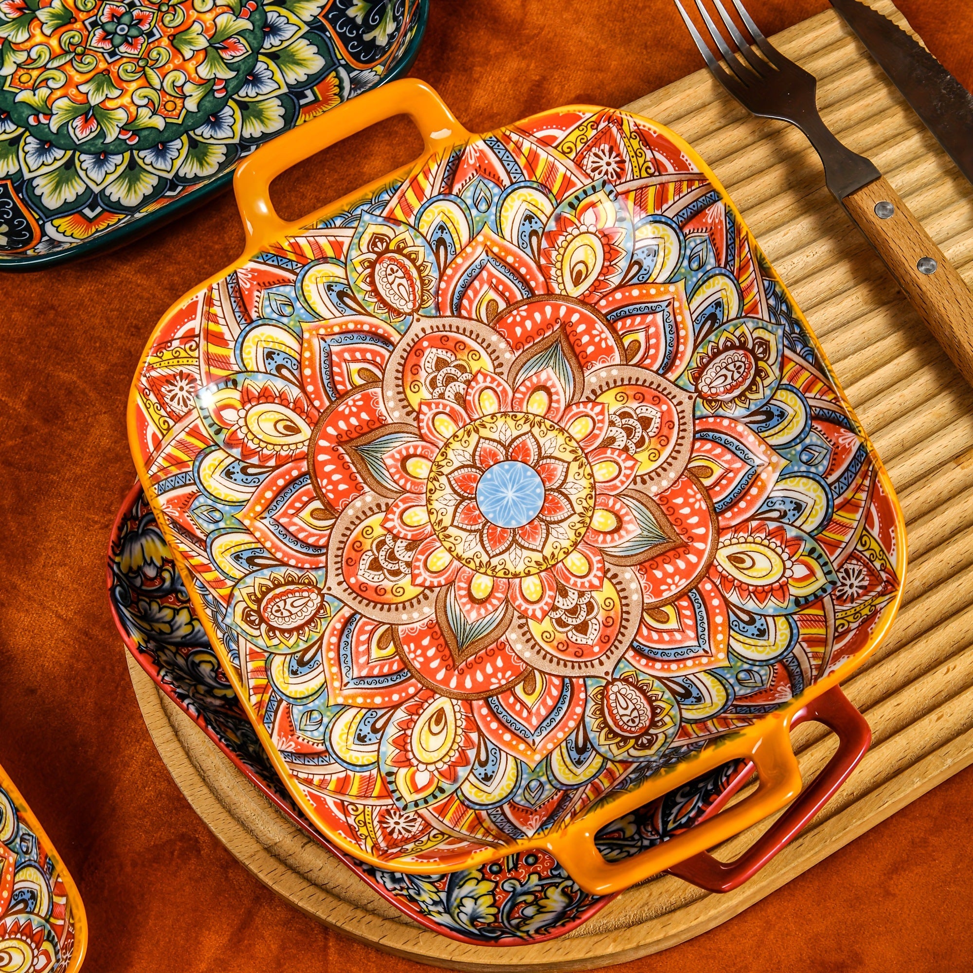 2-Piece / 4-Piece Ceramic Baking Set – 9-Inch Square Plates, Bohemian Style – Perfect for Pasta, Oven &amp; Catering – Multi-Purpose Kitchen &amp; Dining Essential