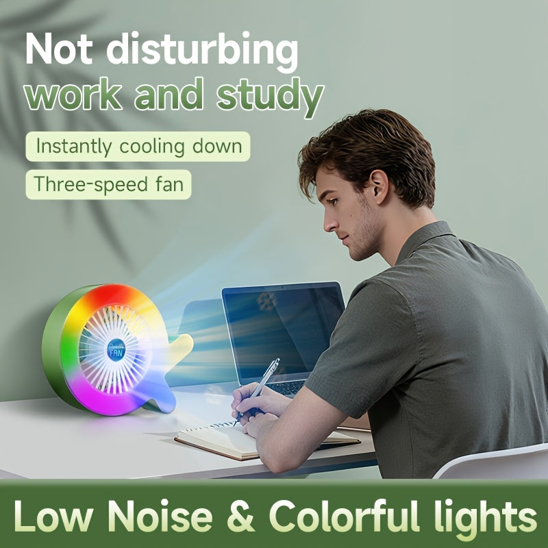 Portable Colorful Ambient Light Desktop Fan | 3 Speed Adjustment | Low Noise Silent Motor | USB Rechargeable | Mini Desk Fan for Bedroom Office | Summer Cooling Essential