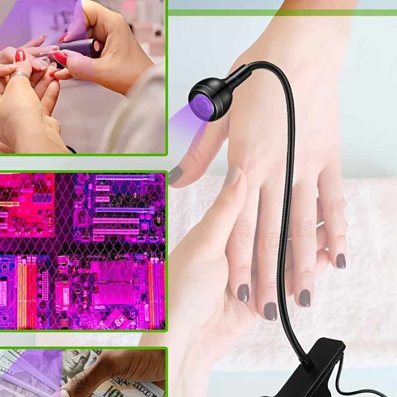 USB mini UV nail curing lamp, clip-on flexible metal tube, portable UV LED nail lamp, quick gel nail drying lamp, nail dryer, bendable positioning, small desk lamp for dorm bedroom, home DIY nail tool