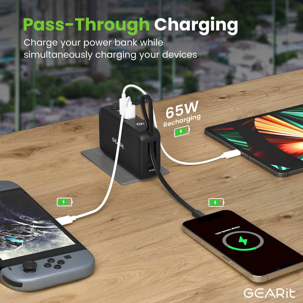 GEARit 三合一65W氮化鎵充電器，內建USB-C線10000毫安時移動電源