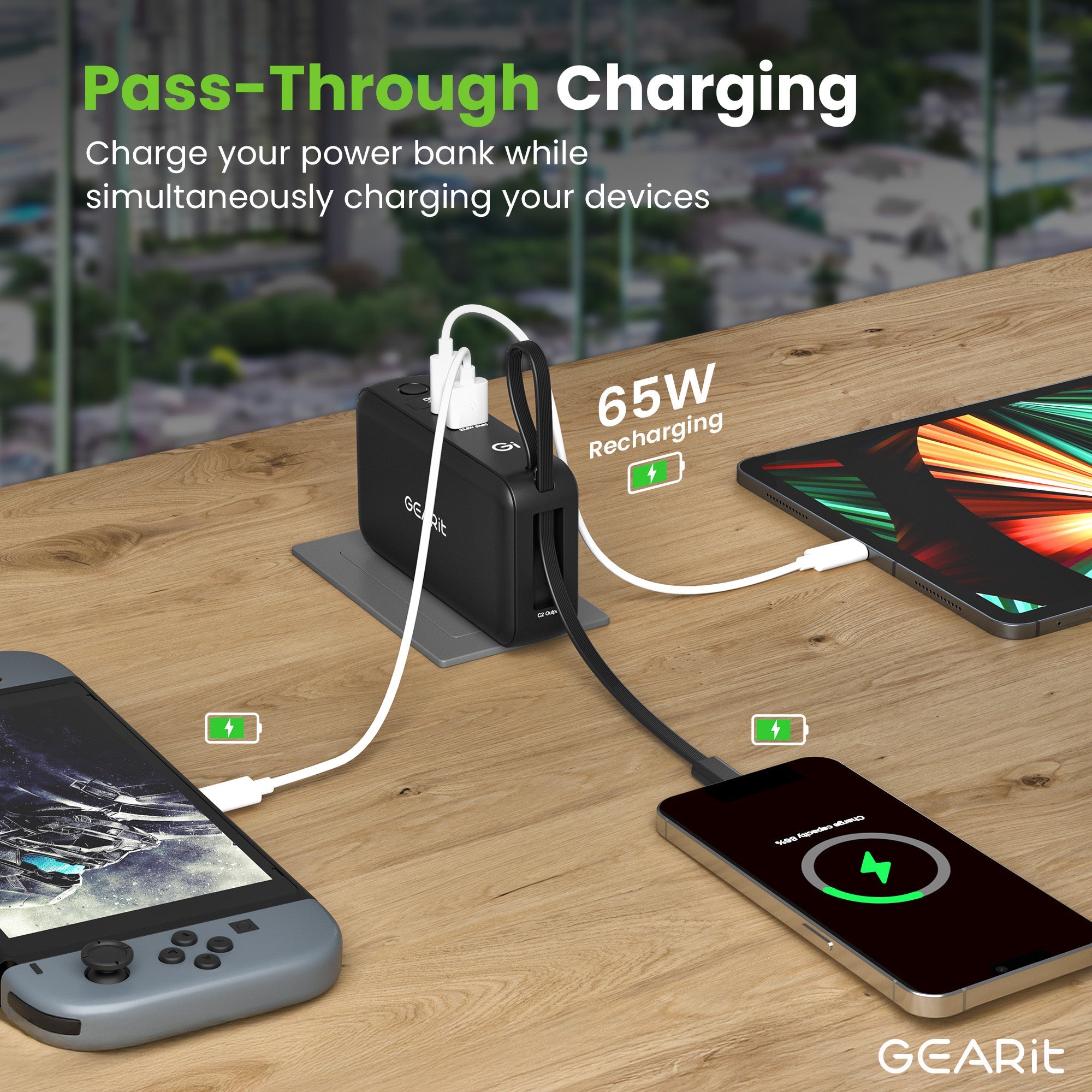 GEARit 三合一65W氮化鎵充電器，內建USB-C線10000毫安時移動電源