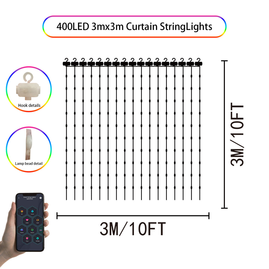 1件新型号智能Led窗帘灯，3/6/10FT 400LED, 童话圣诞灯，多种颜色变化模式，适用于卧室、露台、花园，秋季，情人节，圣诞节装饰，LED灯。