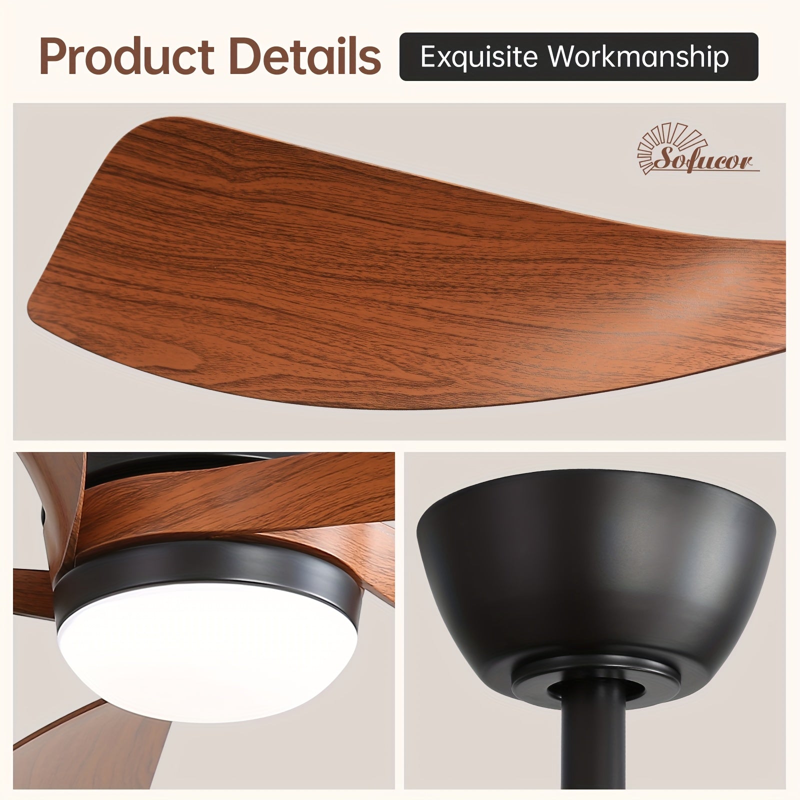 Sofucor 52 Inch Modern Ceiling Fan with Light, 3 Color Dimmable LED, 5 ABS Blades, Remote Control, Reversible DC Motor, Ideal for Room and Bedroom Decoration, Ceiling Fan with Light