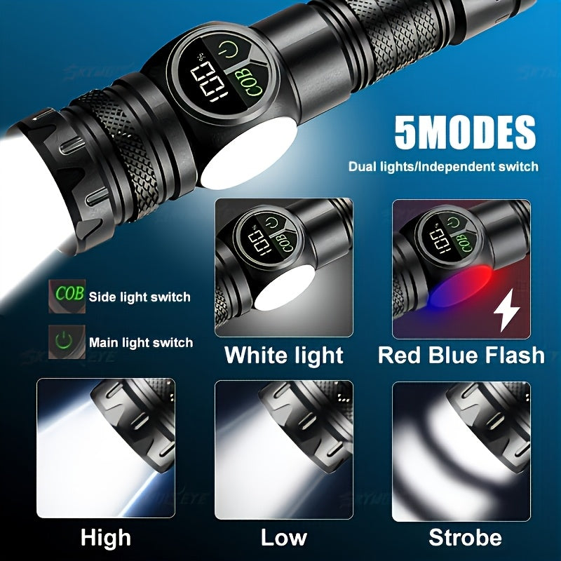 Super Bright USB Rechargeable LED Flashlight, Magnetic Base, 5 Lighting Modes, Digital Display, Type-C Fast Charging, Perfect for Outdoor Activities, Emergencies and Camping