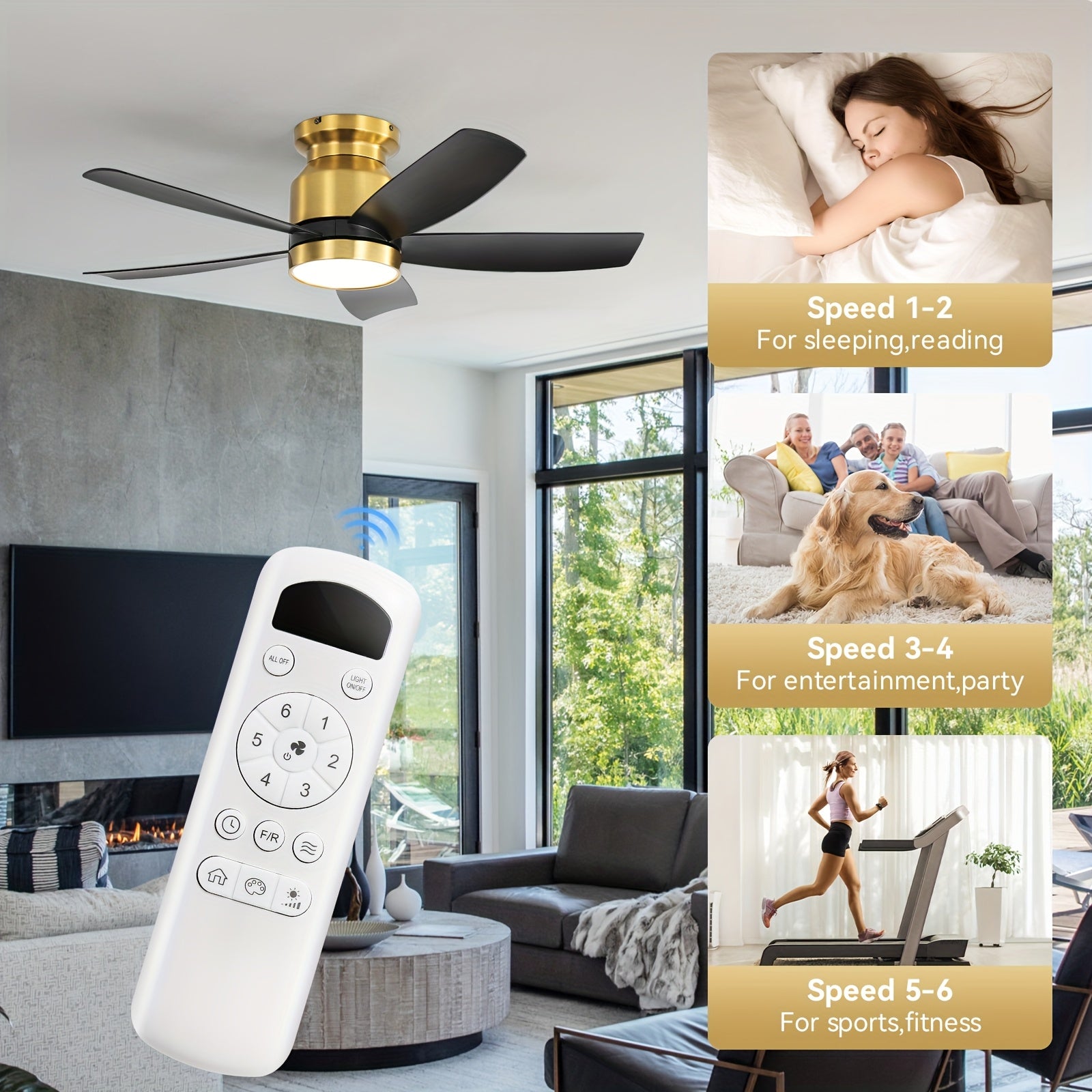 Sofucor 42 Inch Ceiling Fan with Light, 5 Blades Design, Equipped with Remote Control, Quiet Reversible DC Motor, Timing Function and 6 Speed Levels, Black &amp; Gold Available, Perfect for Modern Bedroom and Living Room
