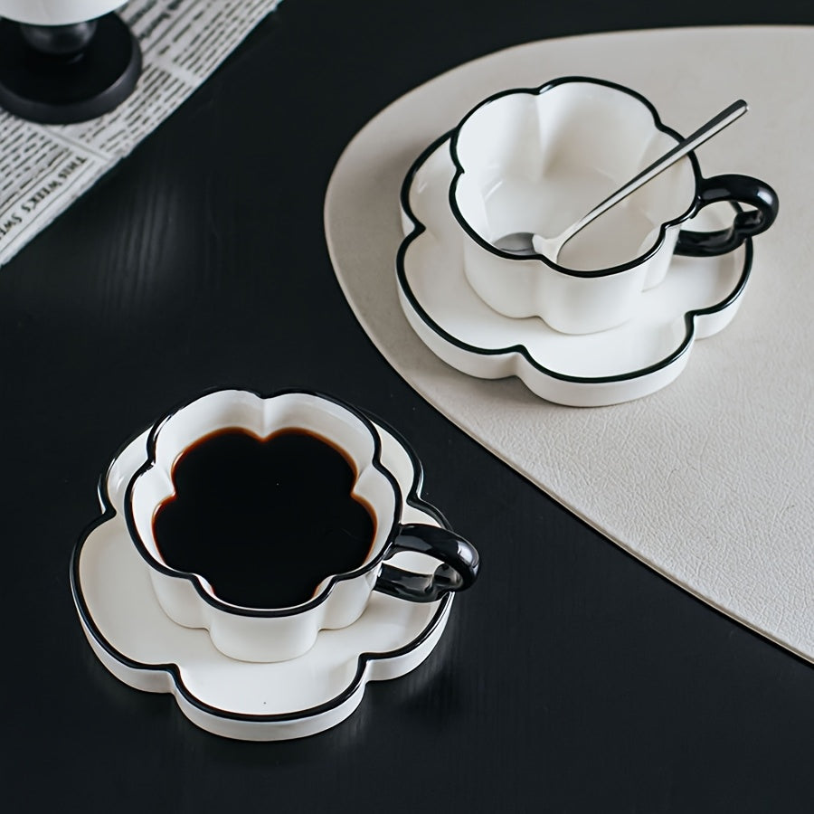 Nordic Simple Petal-Shaped Ceramic Coffee Cup & Saucer Set – Unique Office & Home Afternoon Tea Cup Set, High-End & Exquisite, High-Appeal Birthday Gift, Souvenir – Reusable, Hand Wash Only