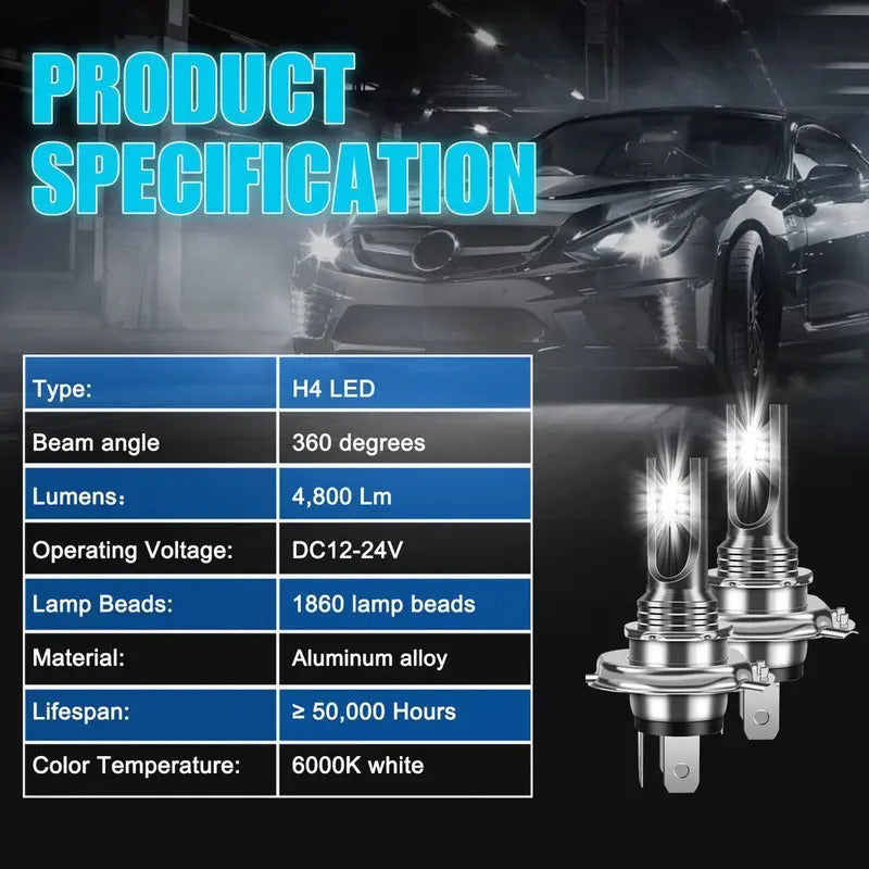 2-Pack 4800 Lumens H4/9003/HB2 LED Combo Fog Light Driving Light Bulb Set, Super Bright 6000K White Light, 1860 Chip, Plug-and-Play Car Front Fog Light, for Cars, Trucks and Motorcycles