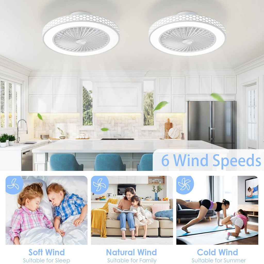 19 Inch Reversible Bladeless Ceiling Fan with Light and Remote, 3000K-6500K Silent Timing Modern Low Profile Ceiling Fan Light, 6 Speed Adjustable, Perfect for Living Room, Kitchen, Bedroom, Office