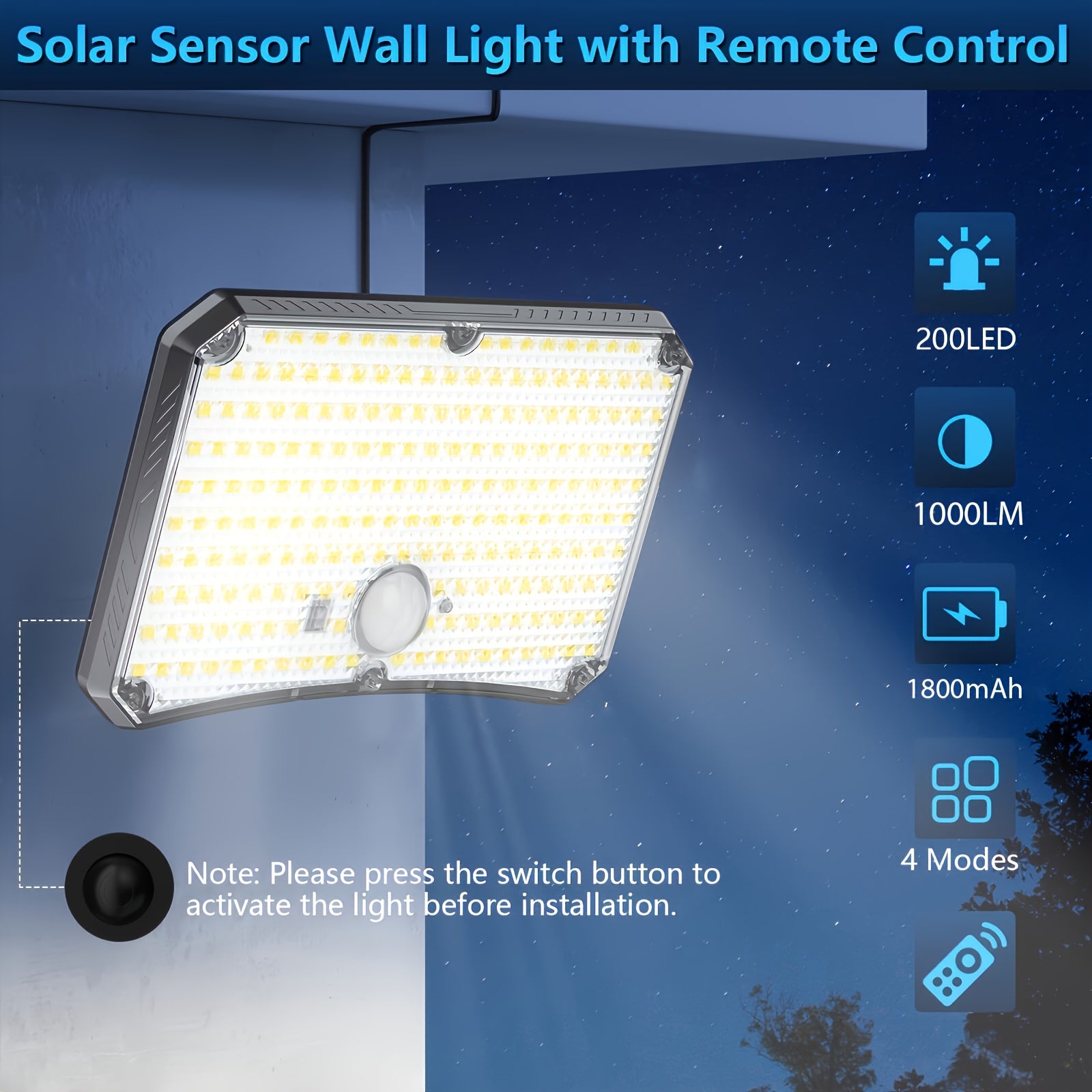 200 LED Solar Split-Type Light with Remote Control and Sensor IP65 Outdoor Landscape Light Separate Panel Security Floodlight for Garden Courtyard - 2 Pack