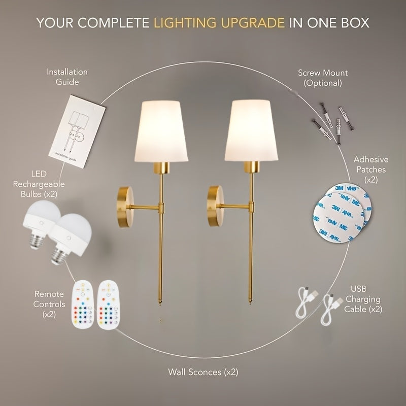 Modern Style Wireless Wall Light Set (2-Pack), Rechargeable Bulb with Remote Control - Adjustable Brightness / Color Temperature, Suitable for Easy Installation, Semi-Flush Mount Design, Suitable for Office