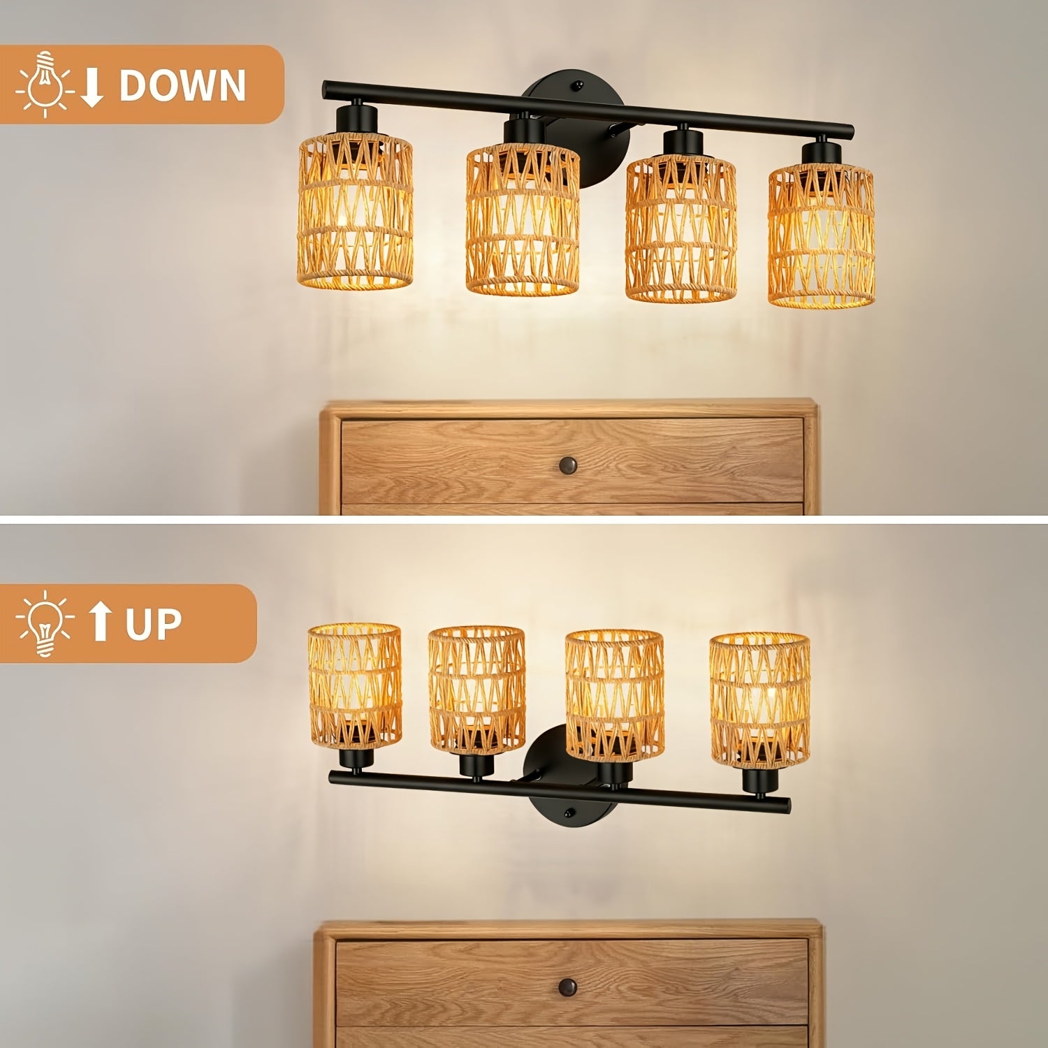 Holiday Theme 4-Light Bathroom Vanity Light, Modern Rattan Light Fixture, Suitable for Above Mirror, Bohemian Style Wall Light with Woven Shade, Black Wall Light, Perfect for Farmhouse Living Room and Bedroom (Bulb Not Included)