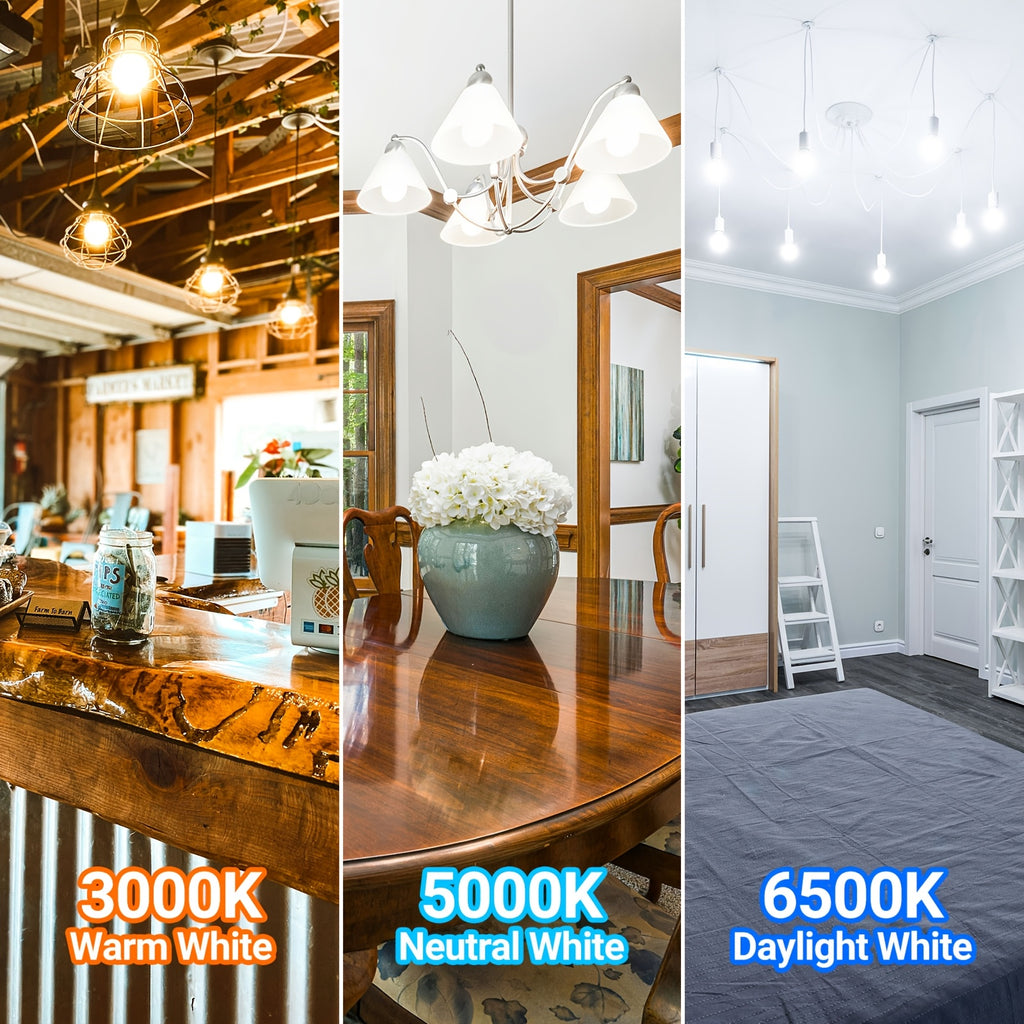 ALLUCK A19 LED 灯泡 6 件装，14W 1500LM（100W 等效），E26 底座，可选色温（3000K 暖白/5000K 日光/6500K 冷色），CRI 85+，无闪烁，持久，护眼，不可调光 家庭、办公室和商业用途，暖色环境照明