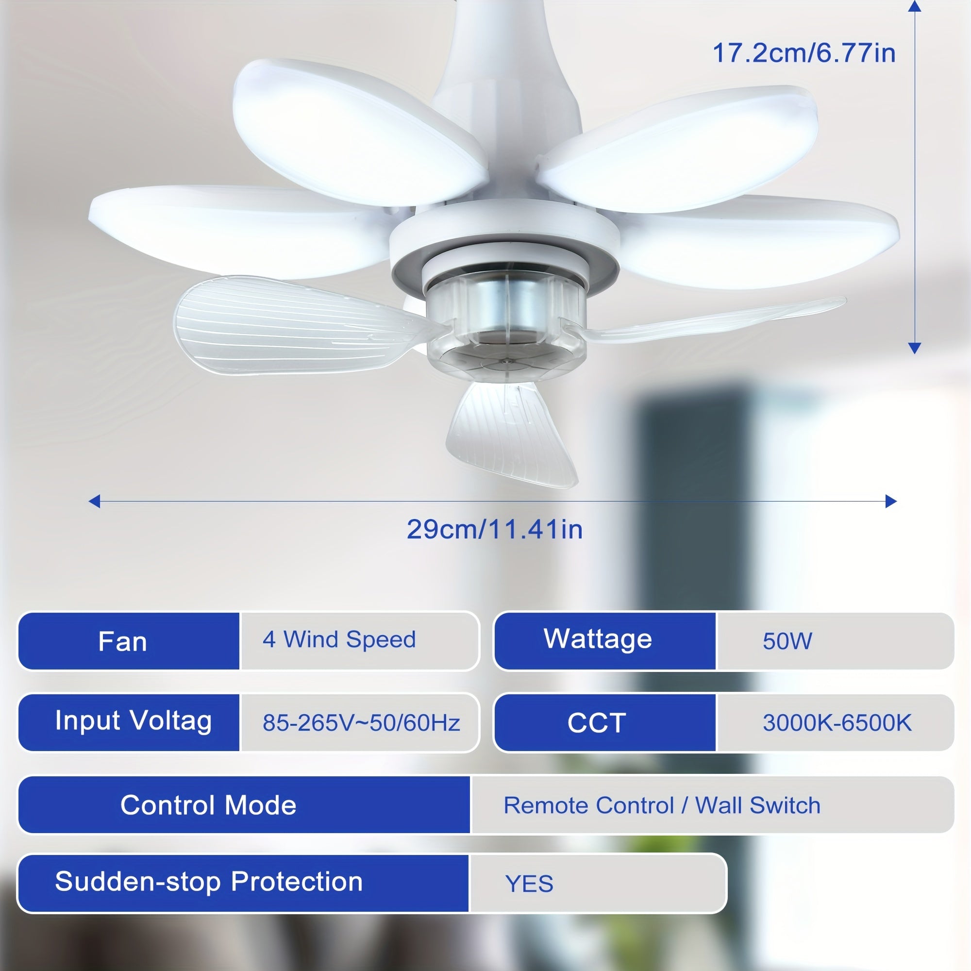Wall Mounted Fan Light, Foldable Ceiling Fan with Light and Remote, Dimmable 4-Speed Silent Fan, Easy Install LED Bulb Ceiling Fan Replacement, 3000K-6500K Indoor Outdoor Use