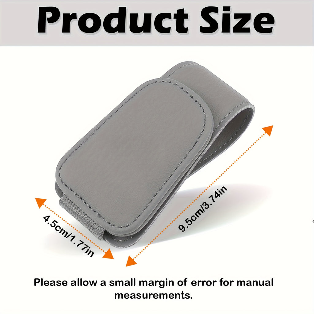 2-Piece Magnetic PU Leather Car Sun Visor Glasses Holder with Card Slot – One-Hand Operation Design, Driver Side Interior Accessory, Gray & Black, Simple Snap Closure, One-Click Grip