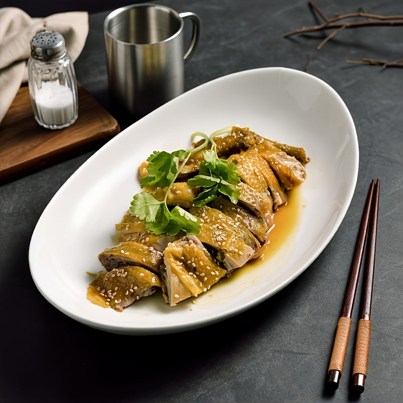1 Piece Elegant Oval Ceramic Platter – Dark Boat-Shaped Fish Plate, White Porcelain Design, High-Quality Food-Grade Tableware, Perfect for Home & Restaurant – Ideal for Christmas, Thanksgiving, Mother‘s Day, Father’s Day