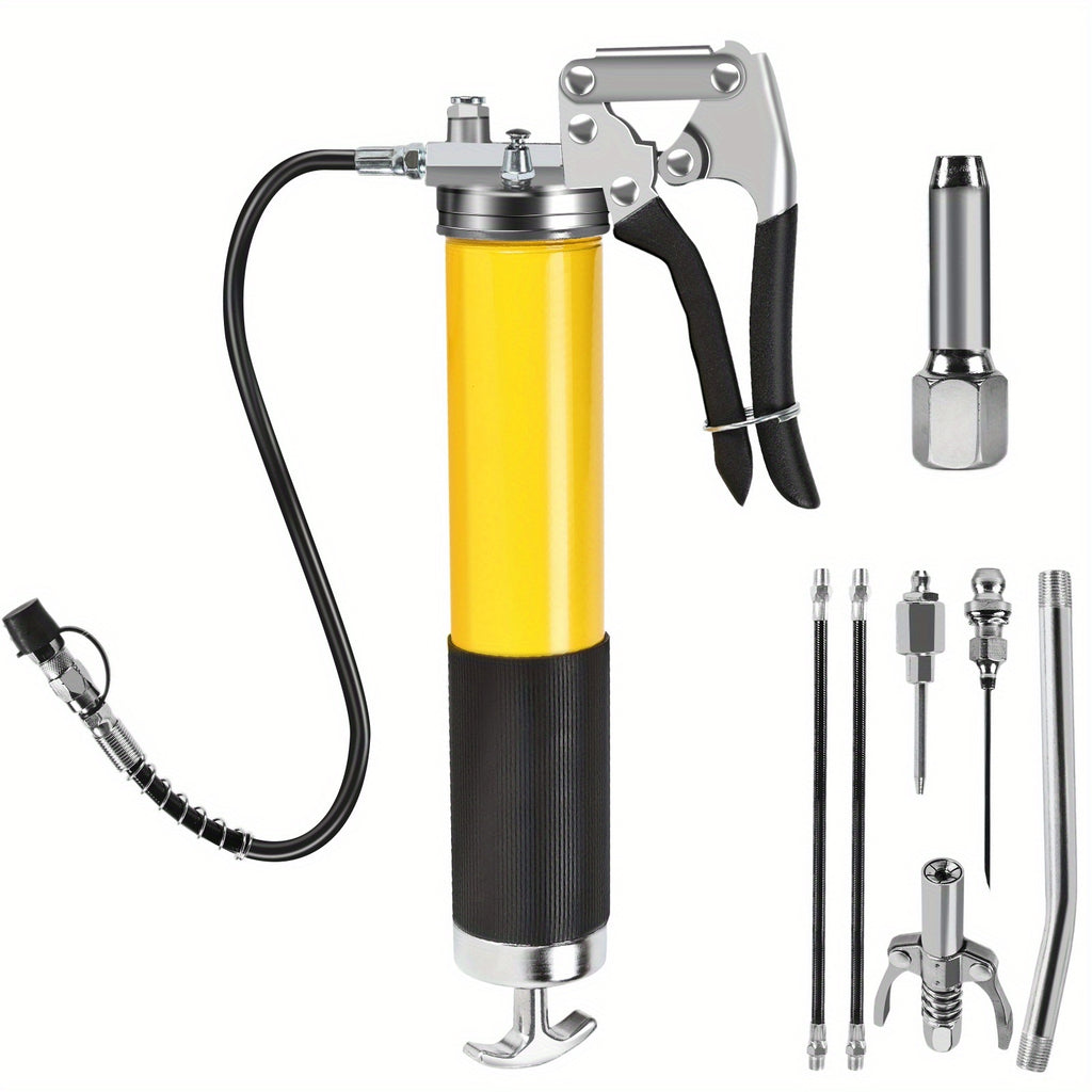 Heavy Duty Grease Gun Set - Flush-Type Nozzle, 8000 PSI Leak-Proof Pistol Grip, 18-Inch Flexible Hose, 2 Couplers, 2 Extension Tubes and Improved Pattern Nozzle - For Automotive & Industrial Professional Lubrication