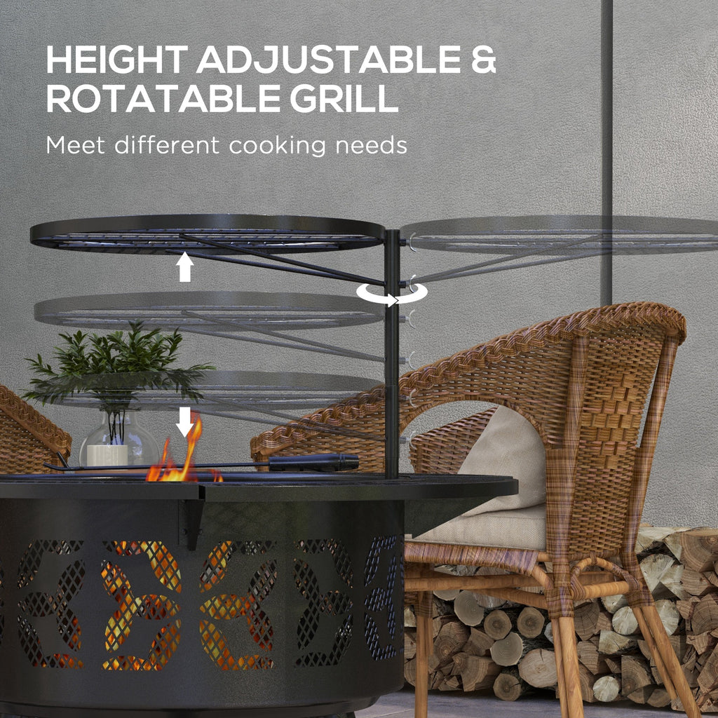2-in-1 Fire Pit & Charcoal BBQ Grill, 33-Inch Portable Wood Burning Fire Pit with Adjustable Cooking Grate, Pan & Poker, Camping Bonfire Stove, Black