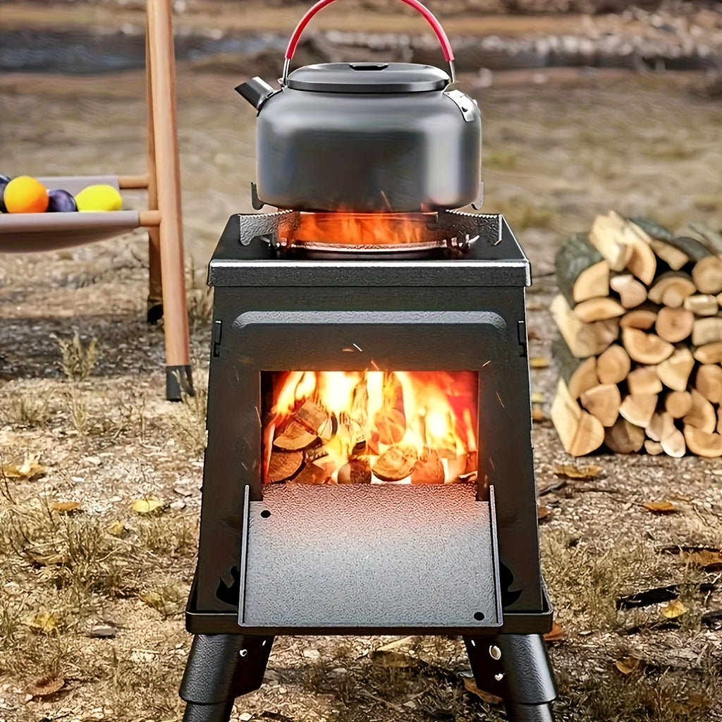 [Christmas Outdoor Ambience Heater] Black Steel Multi-Fuel Camping Stove – Efficient Heat Transfer + Portable Design – Serves as Both Heater & Decorative Piece. Black Steel Body Fits Christmas Warm-Toned Decor