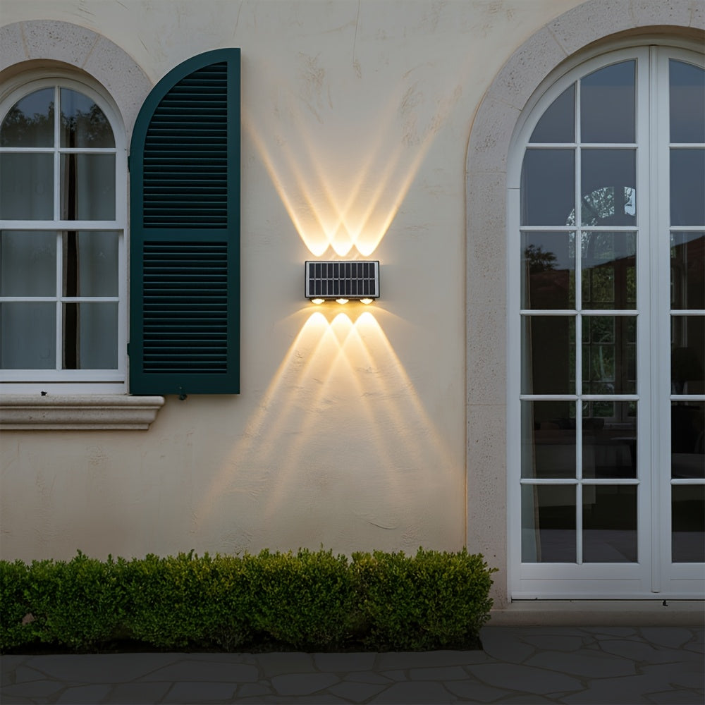 Outdoor Solar LED Wall Light, Outdoor Wall Decorative Light, 6 LED Up and Down Lighting, Solar Fence Light, Home LED Landscape Light, Suitable for Courtyard, Villa, Garden, Garage, Porch, Easter Decoration, Outdoor Solar Decorative Light