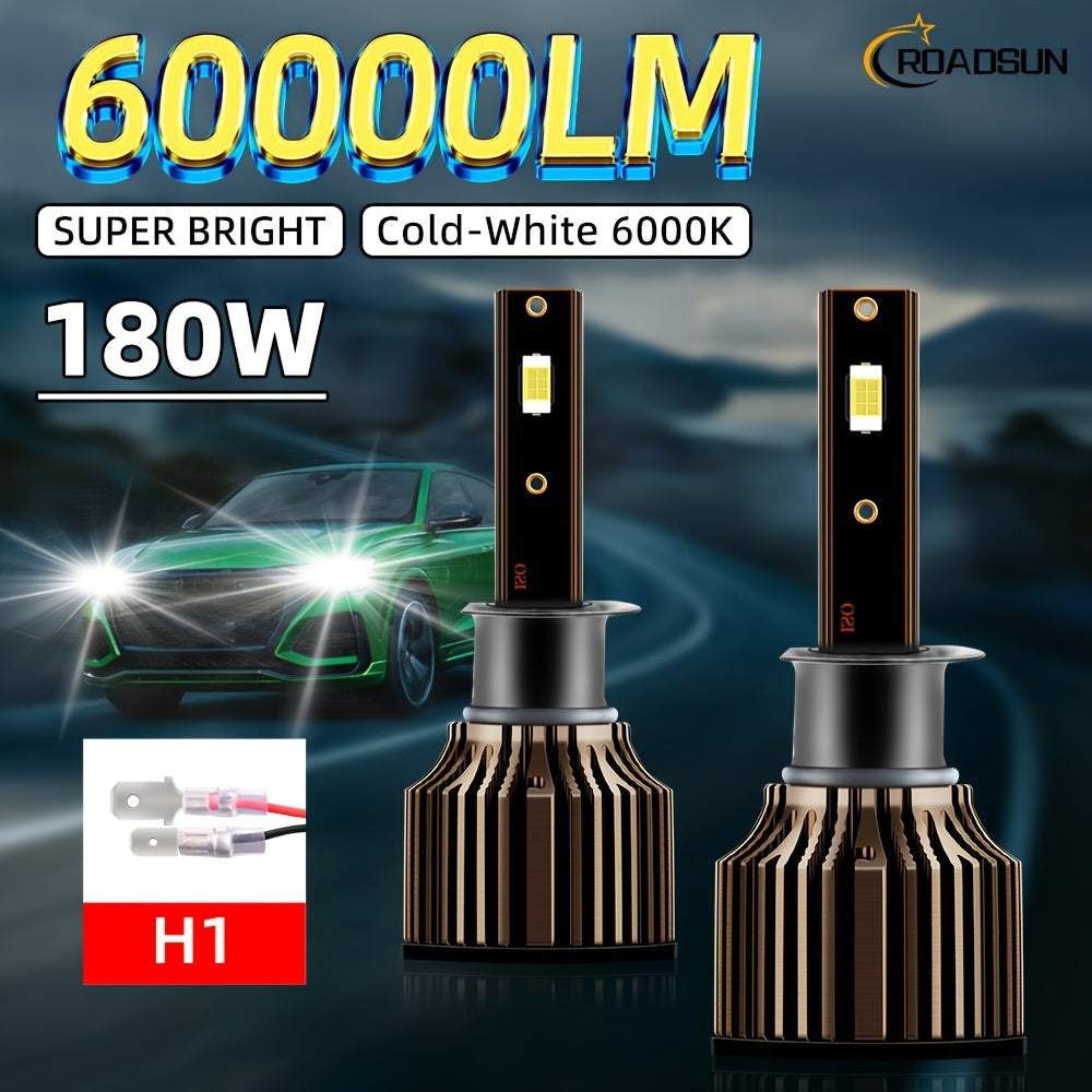 ROADSUN offers a set of 2 LED bulbs, compatible with H1, H7, H11, 9005, 9006, H4, H13, 9007 and 9004 types, providing a super bright output of 60000 lumens at 180 watts, and a color temperature of 6000K