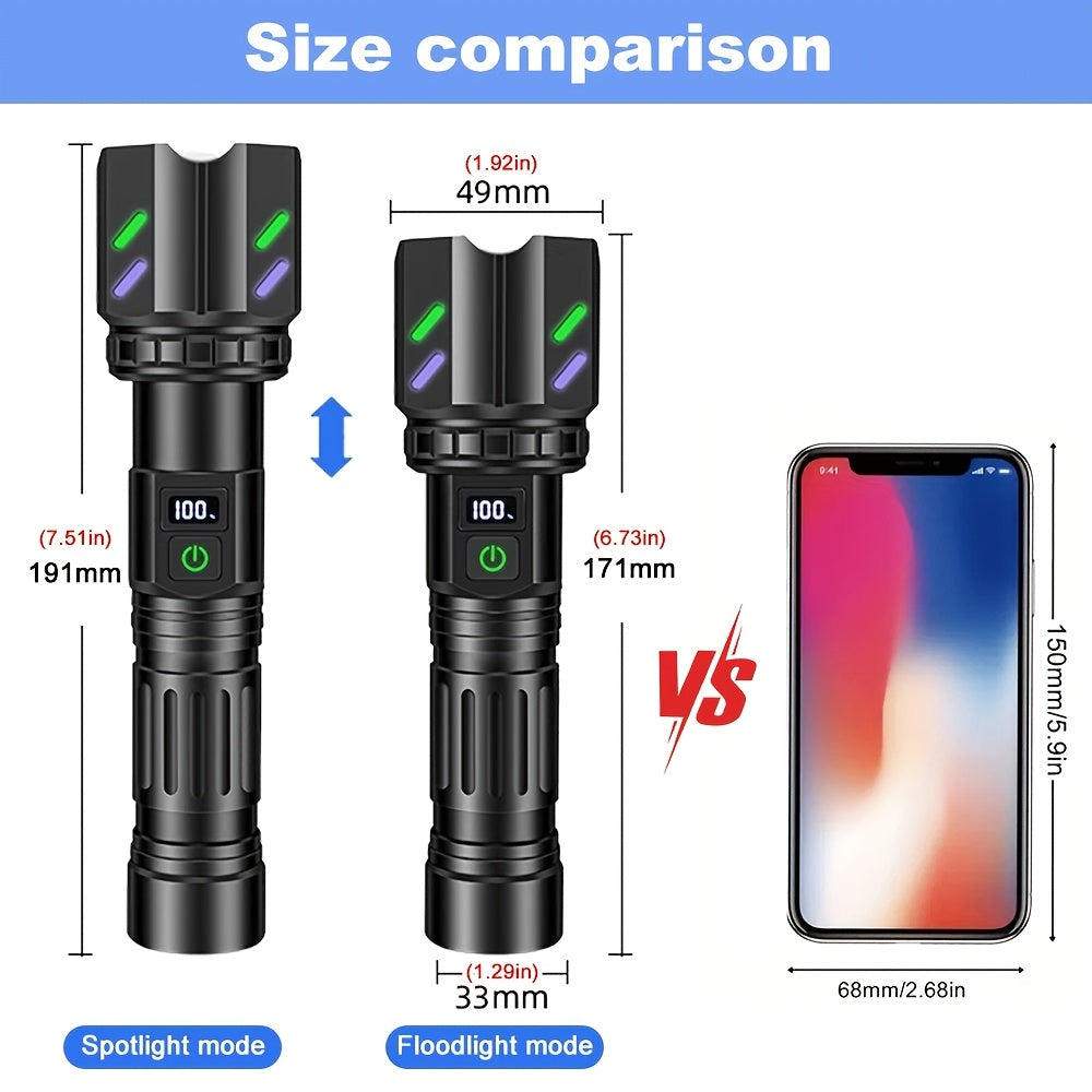 30W Ignition Zoom Flashlight With Ignition Lens Type-C Rechargeable Digital Power Display 5 Modes Aluminum Alloy Material Built-in Power Bank Function Portable Tactical Flashlight for Outdoor Emergency Camping Travel Patrol