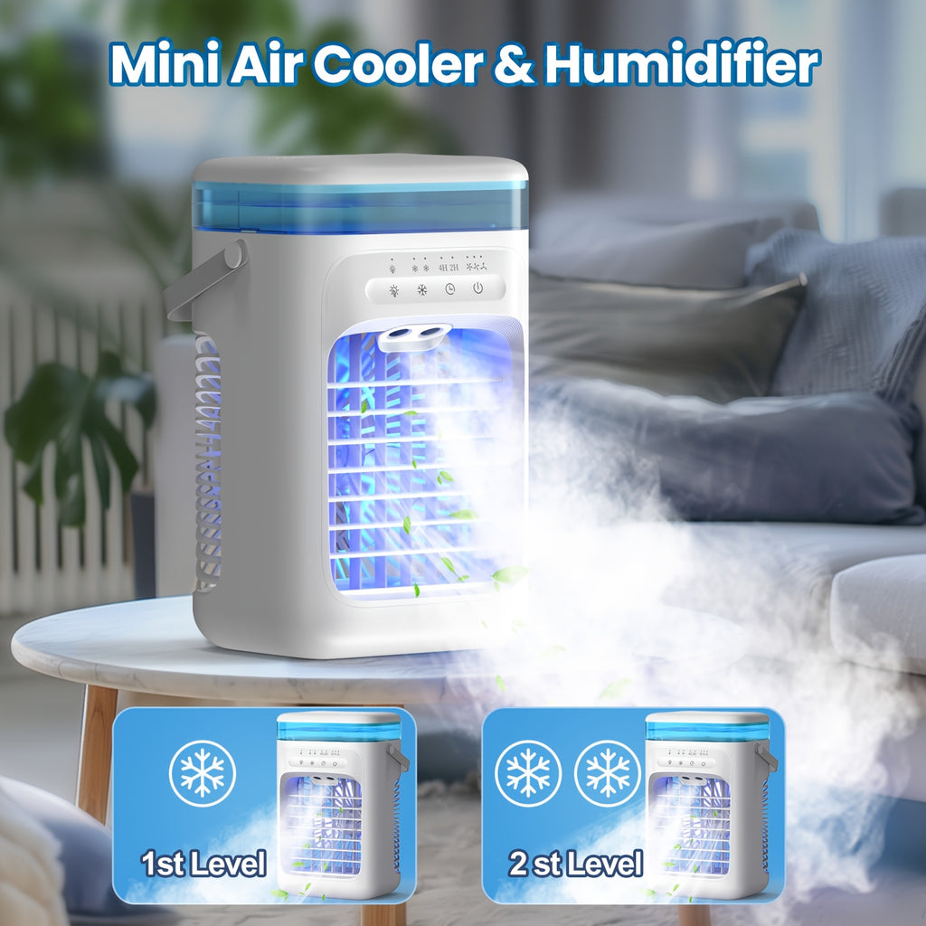 Household Bedroom Mini Desktop Portable Air Cooler Fan, Water Ice Adding Dual Spray Heavy Mist Cold Wind Fan for Camping Travel Summer Use