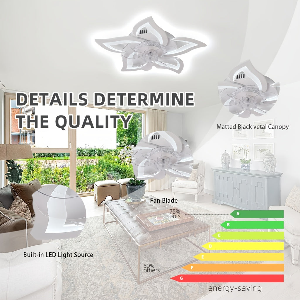 27 Inch Low Profile Ceiling Fan with LED Light and Remote Control, 3 Color Dimmable, Pure Copper DC Motor, 6-Speed Reversible, Base with Heat Dissipation Holes, Petal-Shaped Modern Ceiling Fan Light