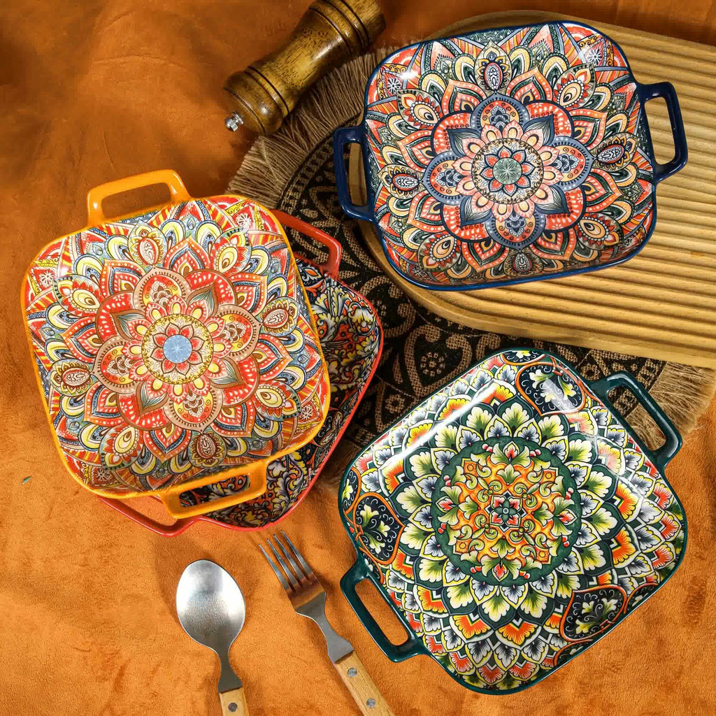2-Piece / 4-Piece Ceramic Baking Set – 9-Inch Square Plates, Bohemian Style – Perfect for Pasta, Oven &amp; Catering – Multi-Purpose Kitchen &amp; Dining Essential