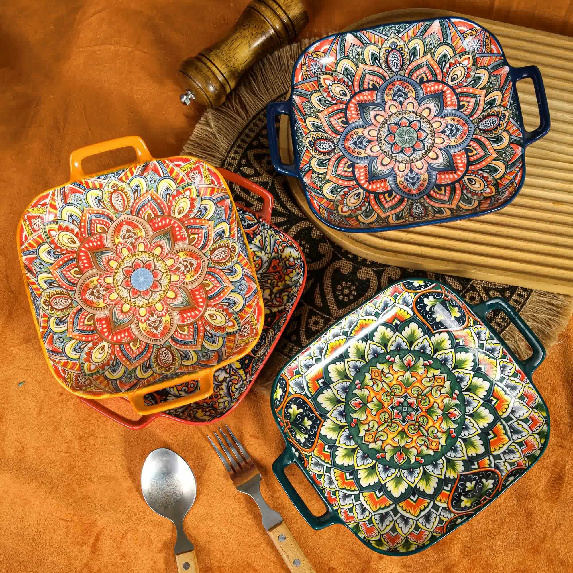 2-Piece / 4-Piece Ceramic Baking Set – 9-Inch Square Plates, Bohemian Style – Perfect for Pasta, Oven &amp; Catering – Multi-Purpose Kitchen &amp; Dining Essential