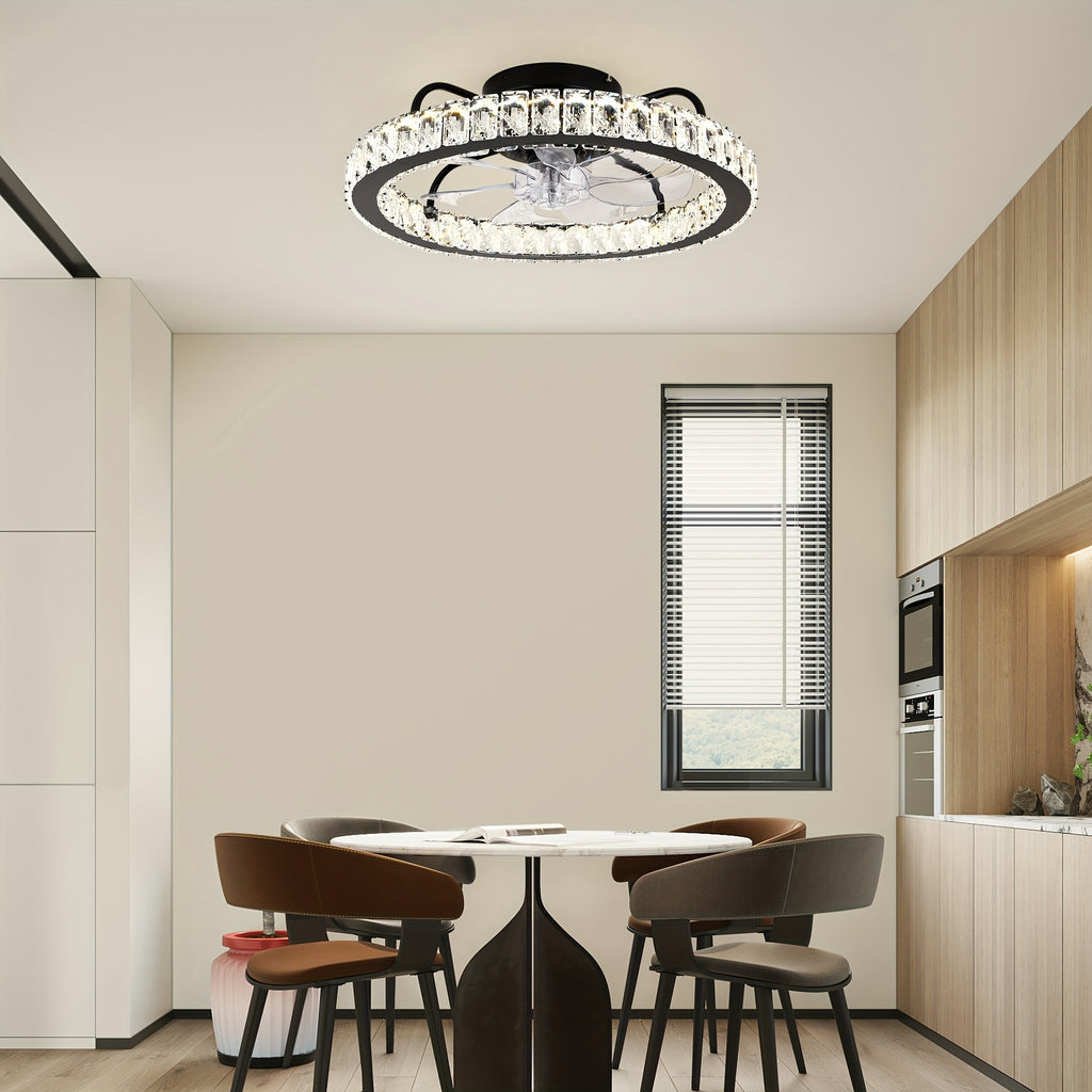Ganeed Modern Dimmable LED Crystal Ceiling Fan Light, 19.69 Inch Black Round Ceiling Fan with Light and Remote, Bladeless Semi Flush Mount Indoor Fan Fixture for Living Room Kitchen Bedroom