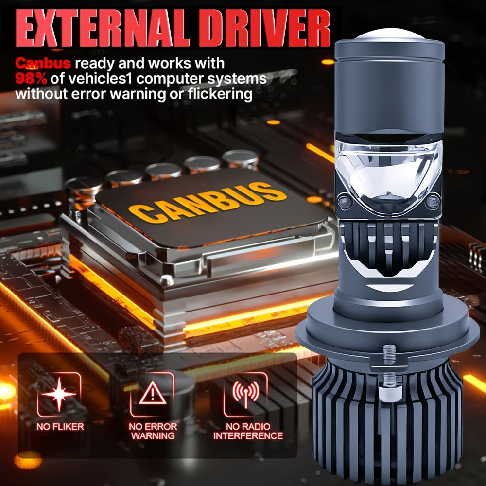 2-Pack H4 LED Mini Lens Car Headlight Bulb Set, Provides 60,000 Lumens, 6500K Color Temperature, CSP 3570 Chip, Easy Plug-and-Play Installation, 900% Brightness Increase, Efficient Heat Dissipation, Suitable for High Beam