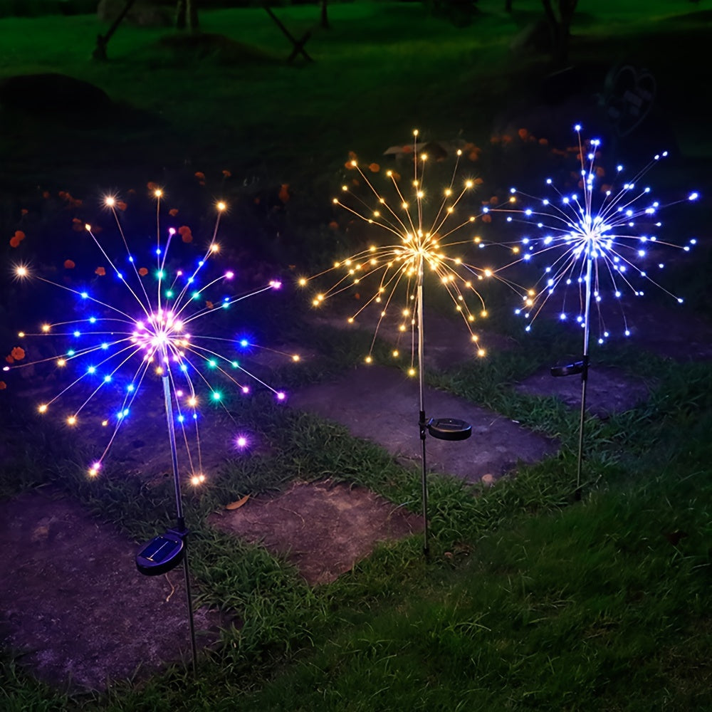 2个太阳能花园烟火灯 - 90颗LED，智能光感自动亮度调节，适合庭院、后院及小径装饰