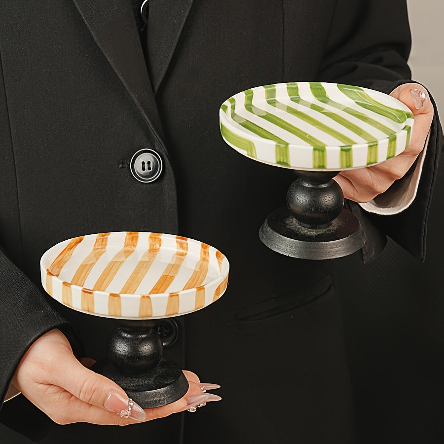 1 Piece Hand-Painted Vintage Japanese Striped Ceramic Plate – Multi-Color Dessert & Appetizer Dish, Unique Footed Design, Perfect for Pudding & Home Kitchen Décor